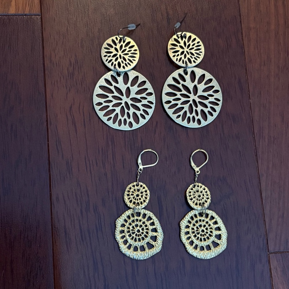 Gold Tone Round Filigree Dangle Drop Earrings Boho Circles Statement Metal